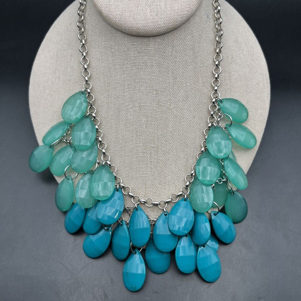 Teal Teardrop Cluster Bib Necklace Shades of Green Acrylic Cha Cha Silver Tone